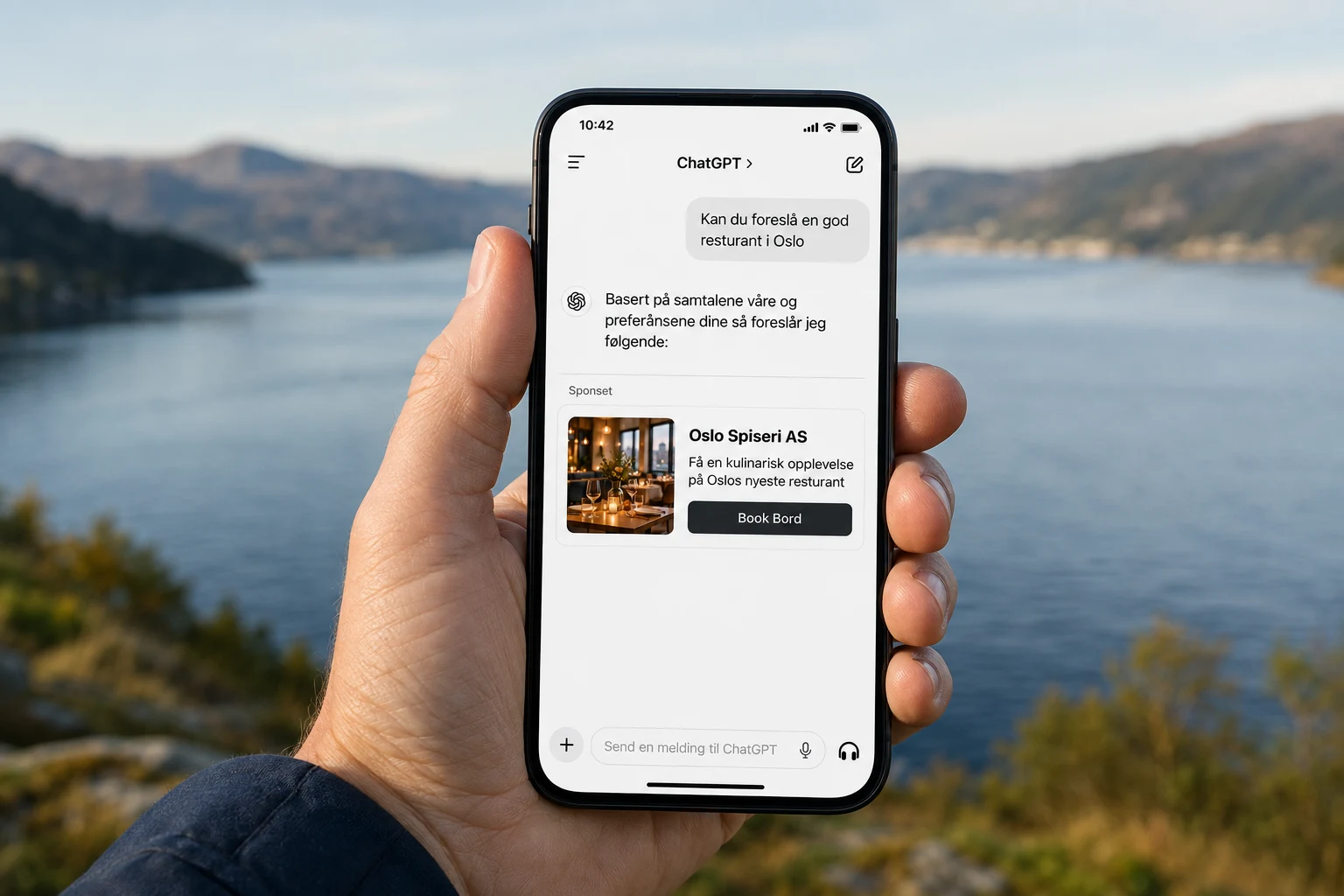 Una mano sostiene un teléfono con un ejemplo de anuncio patrocinado en ChatGPT, con un paisaje de fiordos noruegos al fondo.